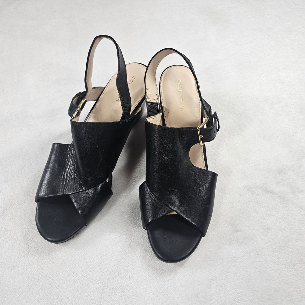 Cole Haan Wedge Sandals Womens 9B Black Good Leather Slingback Peep Toe W18355